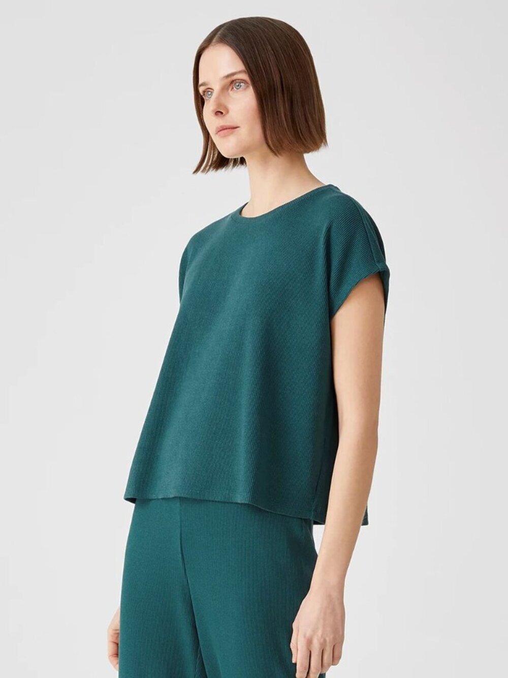 EILEEN FISHER Alpine Green Ribbed Jersey Blend Box Blouse Top, Size L